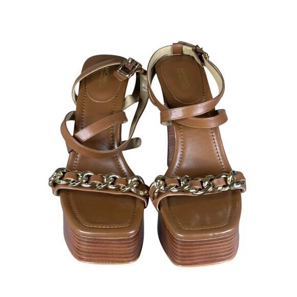 NEW Michael Kors Paola Chain Leather Platform Sandals Brown Gold Chain Size 9 - Picture 7 of 14